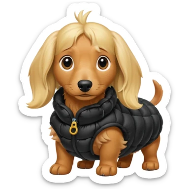 Long hair blonde Daschund dog in huge black puffer  sticker