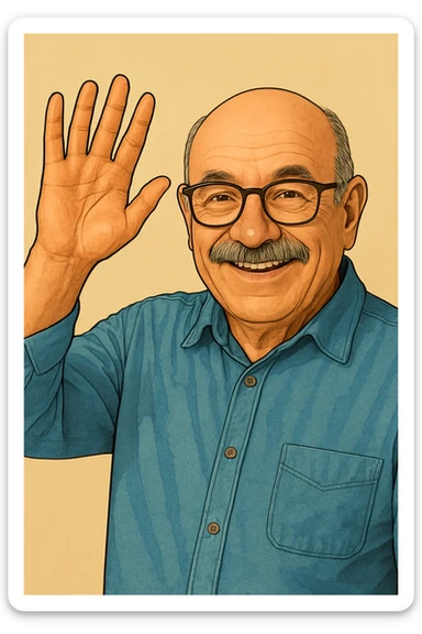 Add glasses to the older bald man with mustache raising his hand, keeping the original style and background as in the reference image. sticker