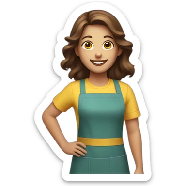 girl with brown hair, smiling, in a yellow apron sticker