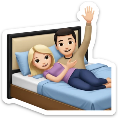 A bed with a girl laying down south and a man putting his hand up. sticker