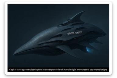 capital class space cruiser supercarrier of Zrian [human] origins, named the "Ophion Tempest"
The ship has a sleek design, mimicking a prehistoric sea-mammal or Cetacea  sticker