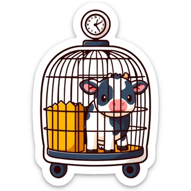 a straw-lined cage with calves inside and a small clock, cartoonish sticker style sticker