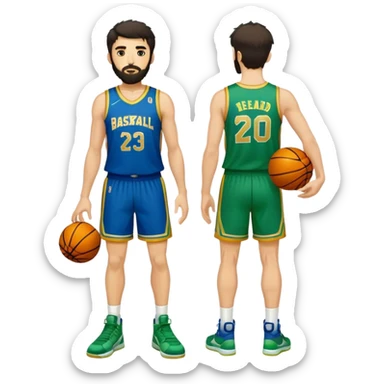 Full Body  white male basketball player with short shaggy dark hair and gold tee beard wearing blue and green uniform sticker