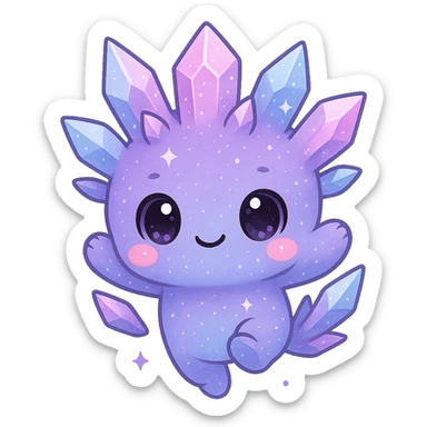Create a kawaii chibi crystal sprite creature in a jumping pose, colored purple, blue, and pink. The creature should be cute and sparkly with a small body. Remove the background. sticker