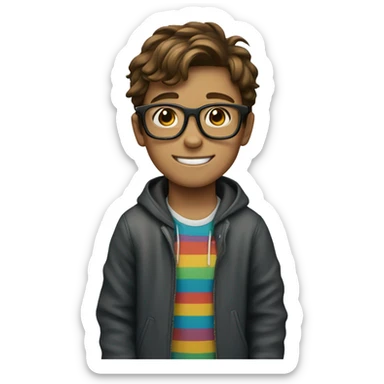 A brown-haired boy with glasses and a skateboard sticker
