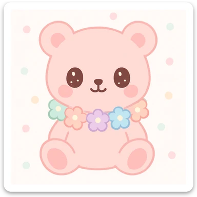 soft pink teddy bear, floral neck pillow with pastel flowers, sitting pose, clean background sticker