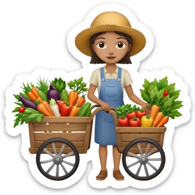 Shopper with flower bouquet,Farmers’ Market, background veggies cart. sticker