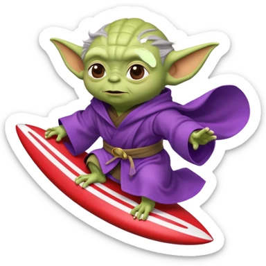 yoda in a purple robe flying in a rocket like surfing sticker