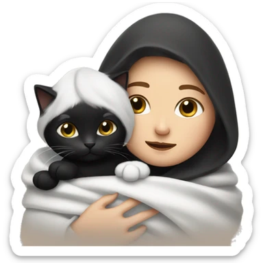 White lady snuggling with a black and white  cat with a blanket sticker
