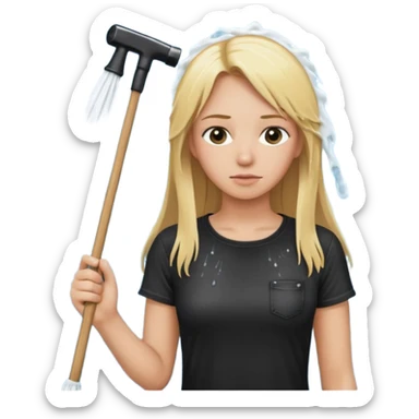 Bdsm male dominant wearing jeans black T-shirt and holding a flogger watching from outside blonde long hair sub with a collar showering with suds all over her sticker