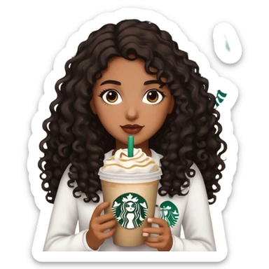 Girl with medium brown  skin/  black brown curly long hair with Starbucks  sticker