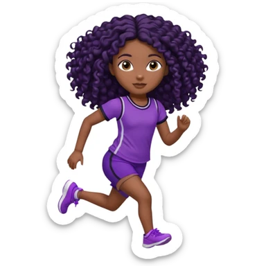 Uma boneca morena escura com olhos castanhos e cabelo cacheado longo preto até o peito, treinando correndo a roupa top roxo com detalhes preto e short roxo com detalhes preto sticker