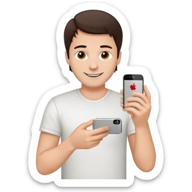 make a white guy with dark brown hair, with a simple white o grey shirt, repairing an iphone, un tecnico happy sticker