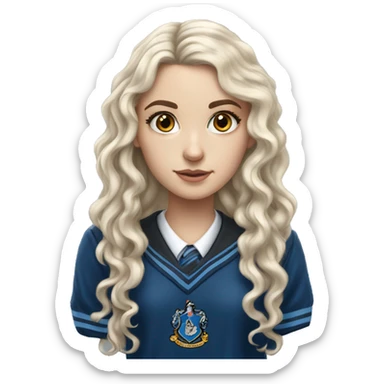 Hyper realistic White girl with long black curly hair wearing a ravenclaw school inform sticker