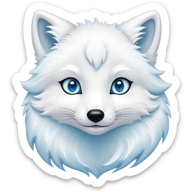 Cinematic Cute Arctic Fox Portrait Emoji, Head tilted playfully and inquisitively, featuring a silky, pure white Fur with delicate hints of icy blue on the ears and muzzle, round, sparkling eyes filled with curious charm, Simplified yet irresistibly adorable features, highly detailed, glowing with a warm, friendly glow, high shine, affectionate and spirited, stylized with a touch of frosty whimsy, bright and endearing, soft glowing outline, capturing the essence of a mischievous yet loving arctic fox, so playful it feels like it could frolic out of the screen and into your arms! sticker