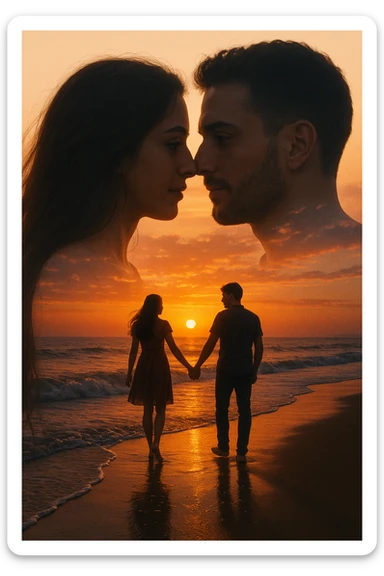 Una doppia esposizione cinematografica di noi di profilo, con un paesaggio di spiaggia al tramonto integrato nella silhouette.
La scena interna ci mostra entrambi camminare sulla sabbia bagnata, tenendoci per mano, con le onde del mare che si infrangono è facile e un cielo colorato dagli ultimi raggi di sole. Atmosfera calda e intima, toni dorati arancioni, dettagli fini ed espressivi, risoluzione 8K. sticker