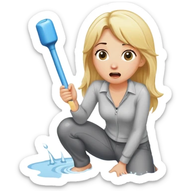 simple blond woman kneeling, surprised, big cartoon stick with D-shaped knob emerging from hanging pants, water splash into her mouth sticker