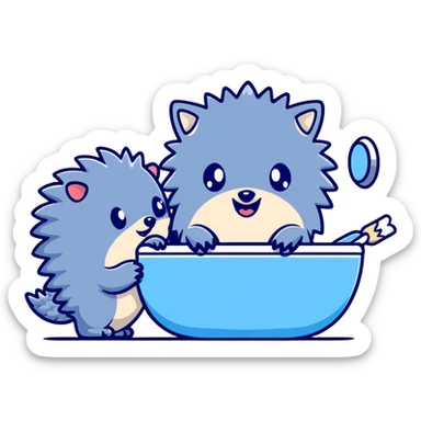 Cute blue hedgehog and silver hedgehog brushing teeth in bathroom sticker