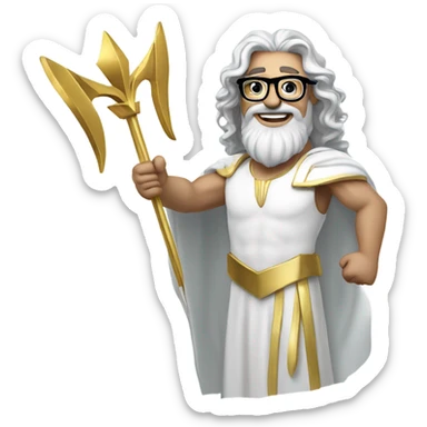 white Poseidon with gold Trident and nerd glasses. long hair white dress. smile . wink. pointing us sticker