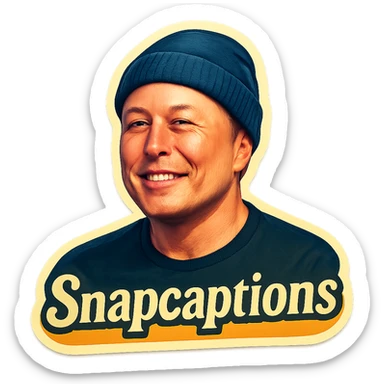 sticker of Elon Musk wearing a beanie cap with the name 'Snapcaptions', retro sticker style, colorful and energetic sticker