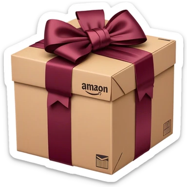 Amazon package with burgundy amazon logo and bow sticker