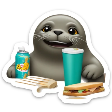 teal-coloured seal sitting behind a table with a sandwich, bottle of soda, and chocolate bar sticker