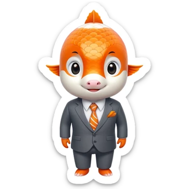 A charming and professional koi fish character, sleek rounded body with orange and white patterns, expressive eyes, friendly smile, wearing a neat business suit, white shirt, and tiny tie sticker