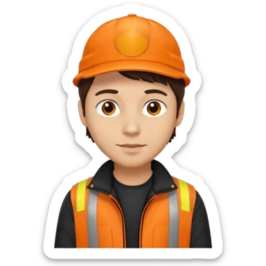 Kindly Keyin (male) with light skin, dark brown hair, orange cap and shirt, black jacket sticker