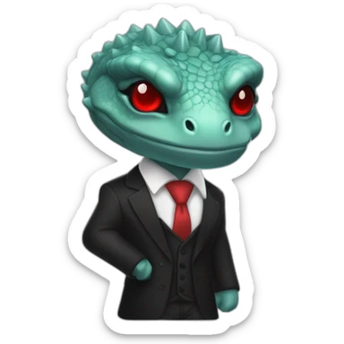 Aquamarine reptilian in classic black suite with red laser eyes on the middle of platinum coin sticker
