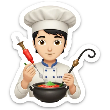 A white guy with black hair mixing a hookah bowl with a chef hats  sticker