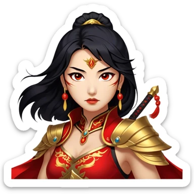 Cinematic Stunning Mulan Portrait Emoji, Fierce yet graceful, flowing raven-black hair, piercing brown eyes filled with determination, adorned in regal red and gold warrior attire, glowing with the strength and beauty of a true heroine, an elegant warrior in her prime! sticker