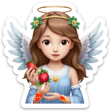 یه دختر زیبا با موهای قهوه ای روشن که مثل یک فرشته است و تازه متولد شده به همراه گل نیلوفر لای موهاش بالای گوشش و همراه با نیلوفرهای آبی و یک گل نیلوفر ترکیب شده با توت فرنگی در دست راستش. لباسش تصویر خرس داشته باشه روس sticker