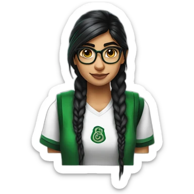 Mia Khalifa black braid white tshirt green sleeves slytherin emblem sticker