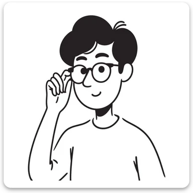 young handsome Asian man with black coffee colored hair, wearing white T-shirt, black framed glasses, holding glasses, very smart, hand drawn doodle style sticker
