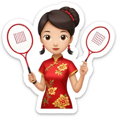 ancient cheongsam girl with 1 badminton racket, red sticker