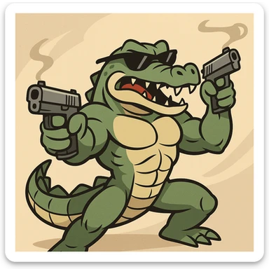 muscular alligator with sunglasses, holding pistols, action style, bold and dynamic sticker