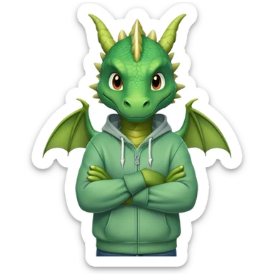 friendly anthropomorphised green dragon in a hoodie and jeans with arms folded, relaxed pose sticker
