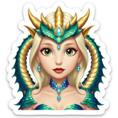 A gorgeous dragon woman with glittering jeweled scales covering her body and face. She has large almond shaped eyes, lush lips, and she wears a stunning luminescent gown. sticker