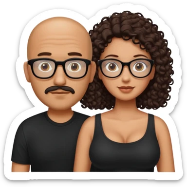 A picture of a tanned couple. the man is a Mexican man with tanned skin, with a bald hair cut, short beard and wearing a black shirt, no glasses. the woman is wearing rectangle shaped glasses, with long curly dark brown hair and with big boobs  sticker