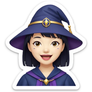 An Asian short-haired girl with short raven hair and bangs, with heterochromia eyed, eyeliner, and laughs with teeth and her tiny fang of mauve-toned lipstick, wears a dark navy wizard hat with an emblem on it. sticker