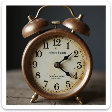 Uomo che salta la colazione e beve solo un caffè, orologio che segna le 11:00, testo in italiano: 'Saltare i pasti'. sticker