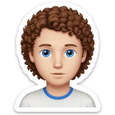 White boy with blue eyes and brown semi long hair with a White shirt without a side part, curly hair sticker