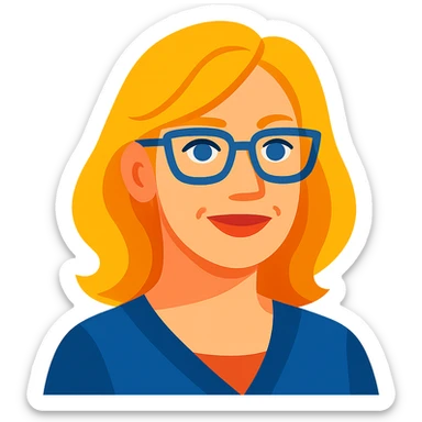 vibrant toon style blonde 40 year old woman with blue eyes and glasses sticker