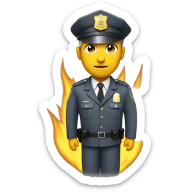 Policeman with grey suite, grey cap with yellow flames on it. sticker