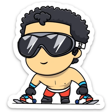 shirtless male athlete with white skin and moderately curly black hair on top with shaved sides, wearing black ski goggles with very dark heavily tinted black lenses that completely hide the eyes, and a simple plain black chain necklace, no earrings sticker