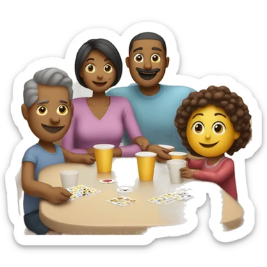 An emoji of a family—mother, father, and child—sitting at a table, playing a cup game with paper cups arranged on the table as they have fun together sticker