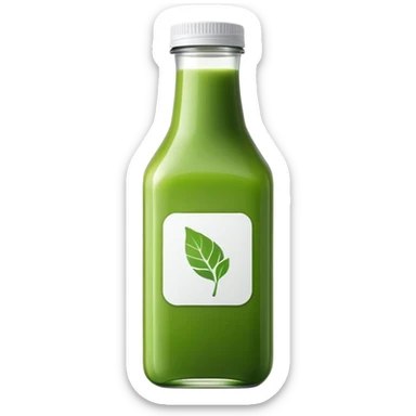 green juice in clear square bottle with label sticker