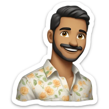 Indian 23 year old male with Indian fair complexion with beard and moustache, white floral shirt , smiling and winking  sticker