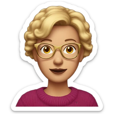 45-year-old Dutch white woman with bordeaux colored short hair, pink sweater and gold glasses sticker