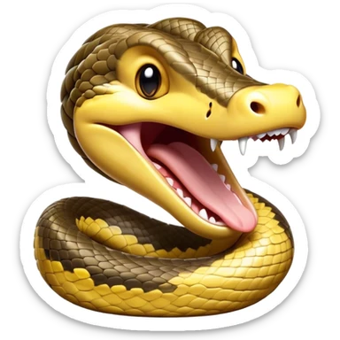 Cinematic Cute Yawning Python Portrait Emoji, Head tilted slightly with a dramatic, wide-open yawn, showcasing a sinuous, scaled form with drowsy, half-closed eyes and an open, relaxed mouth, Simplified yet irresistibly adorable features, highly detailed, glowing with a soft, cozy earthy glow, high shine, relaxed yet expressive, stylized with a dash of whimsical reptilian charm, soft glowing outline, capturing the essence of a drowsy yet affectionate python that appears ready to stretch out for a nap! sticker